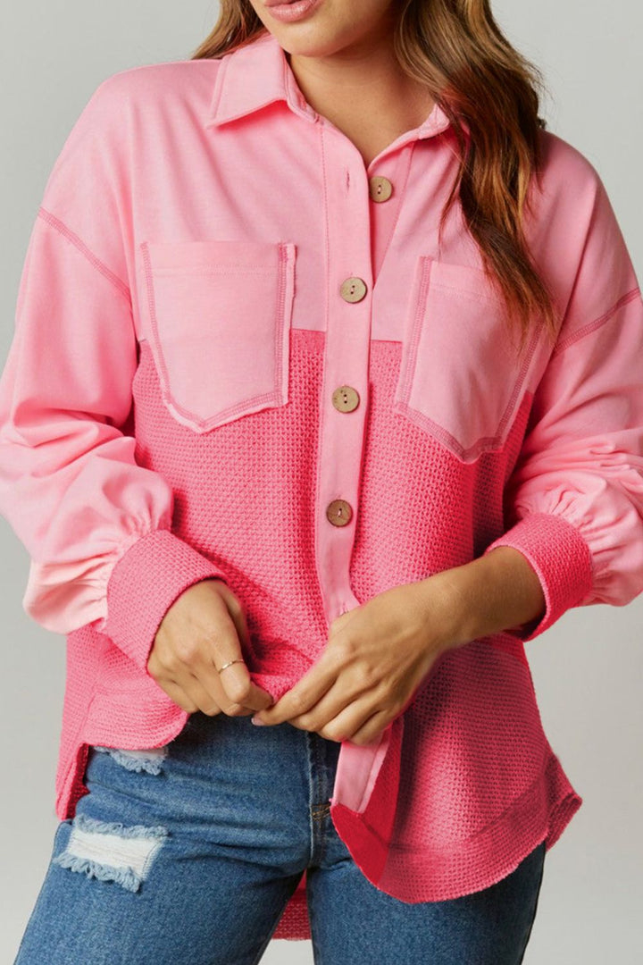 Two-Tone Drop Shoulder Button-Up Shacket with Pockets