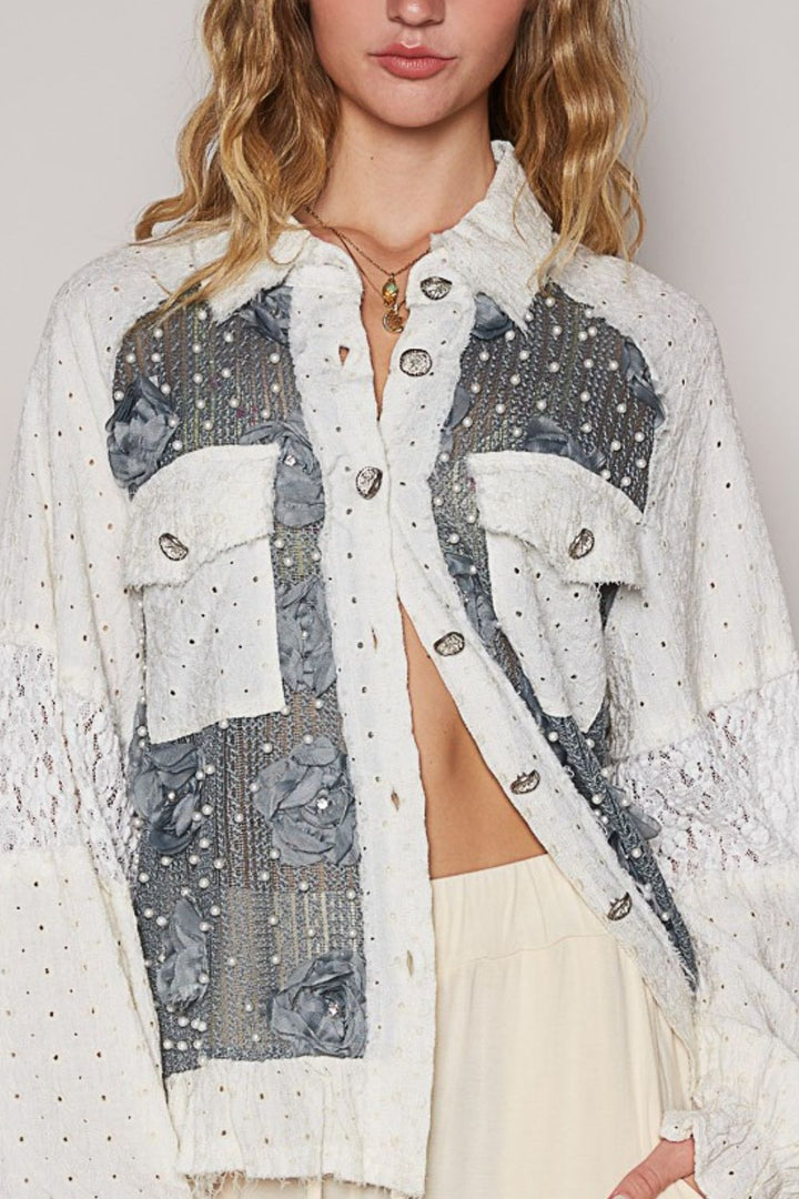 Romantic Eyelet Flower Lace Patchwork Shirt with Pearl Button Details