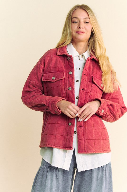 Davi Dani Quilted Button-Down Shacket with Chest Pockets – Cotton-Polyester Blend