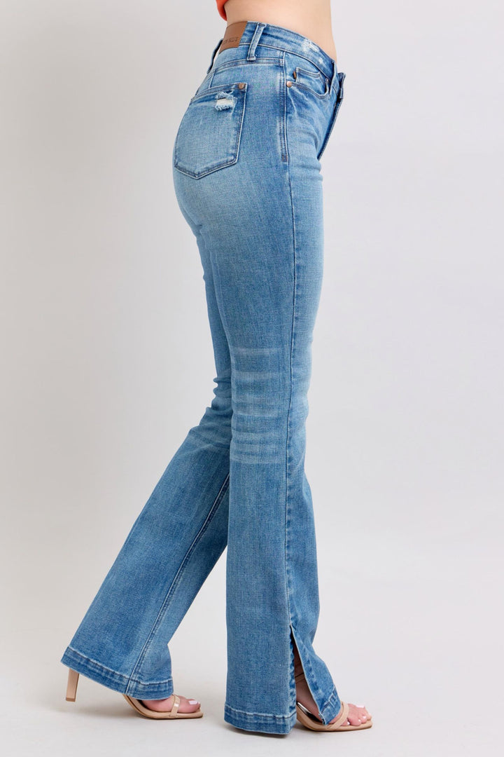 Judy Blue High-Waisted Tummy Control Vintage Wash Slim Bootcut Jeans with Side Slit