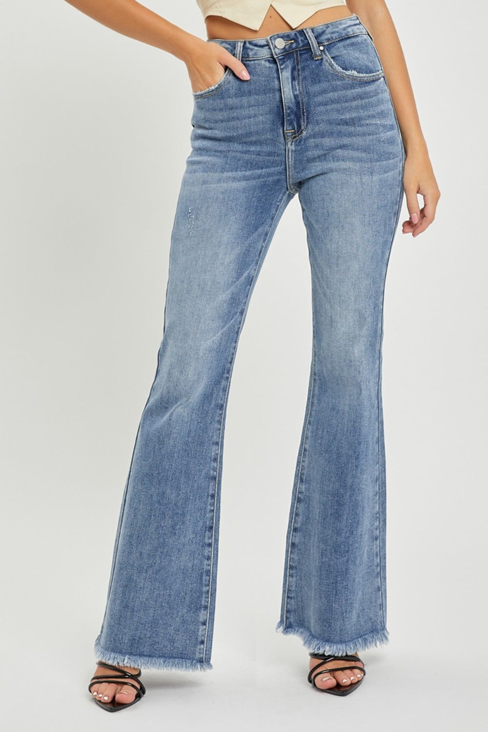 Full-Size Women’s High-Waist Raw Hem Flare Jeans – Retro-Inspired Denim with Modern Edge