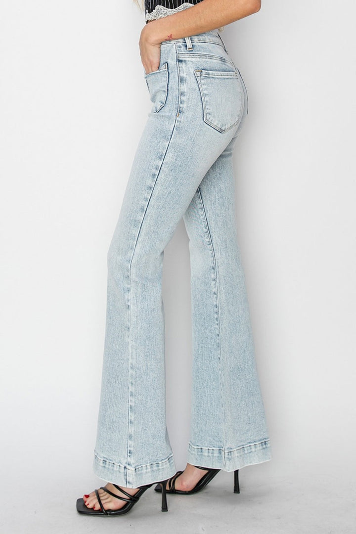 Full-Length High-Rise Flare Jeans with Front Patch Pockets