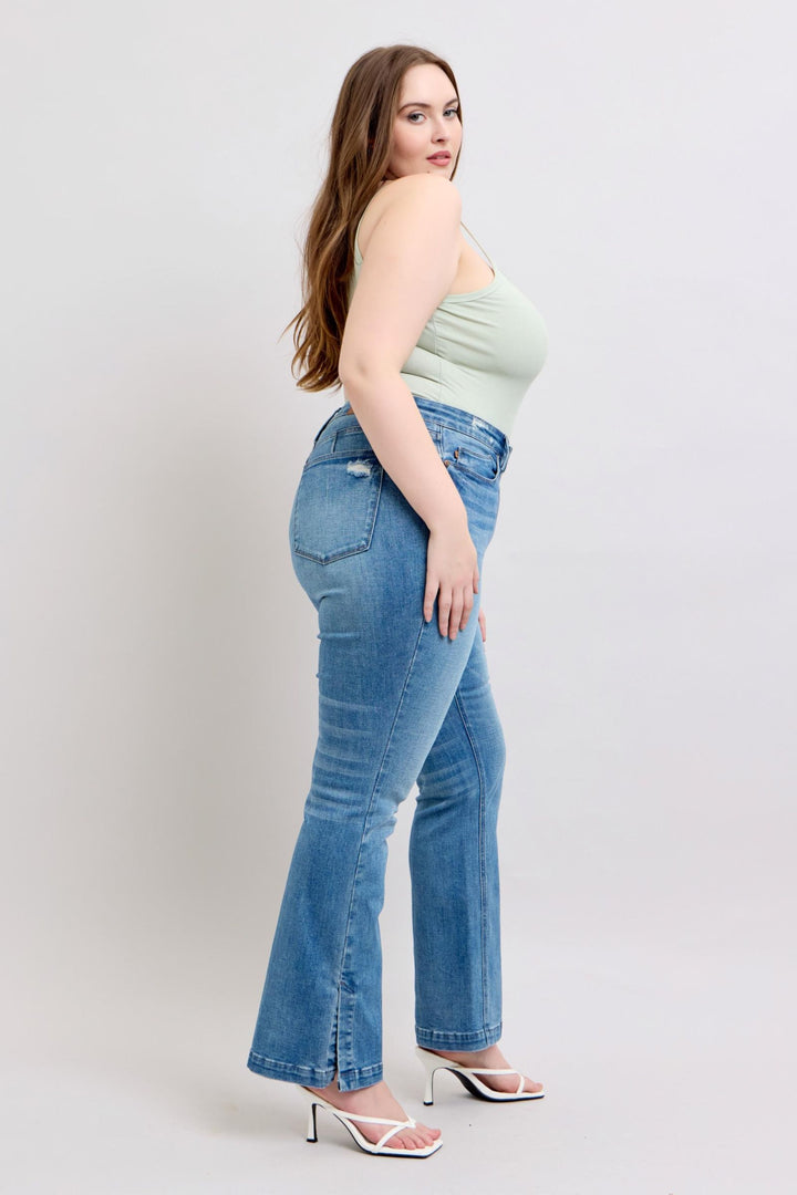 Judy Blue High-Waisted Tummy Control Vintage Wash Slim Bootcut Jeans with Side Slit