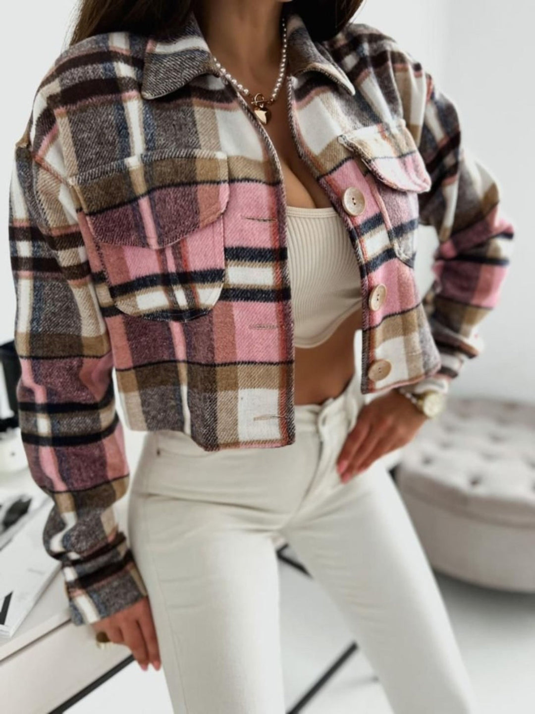 Classic Pocketed Collared Plaid Long Sleeve Jacket