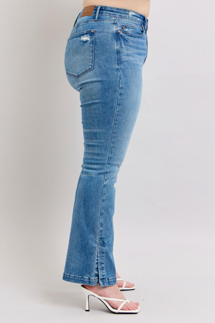 Judy Blue High-Waisted Tummy Control Vintage Wash Slim Bootcut Jeans with Side Slit