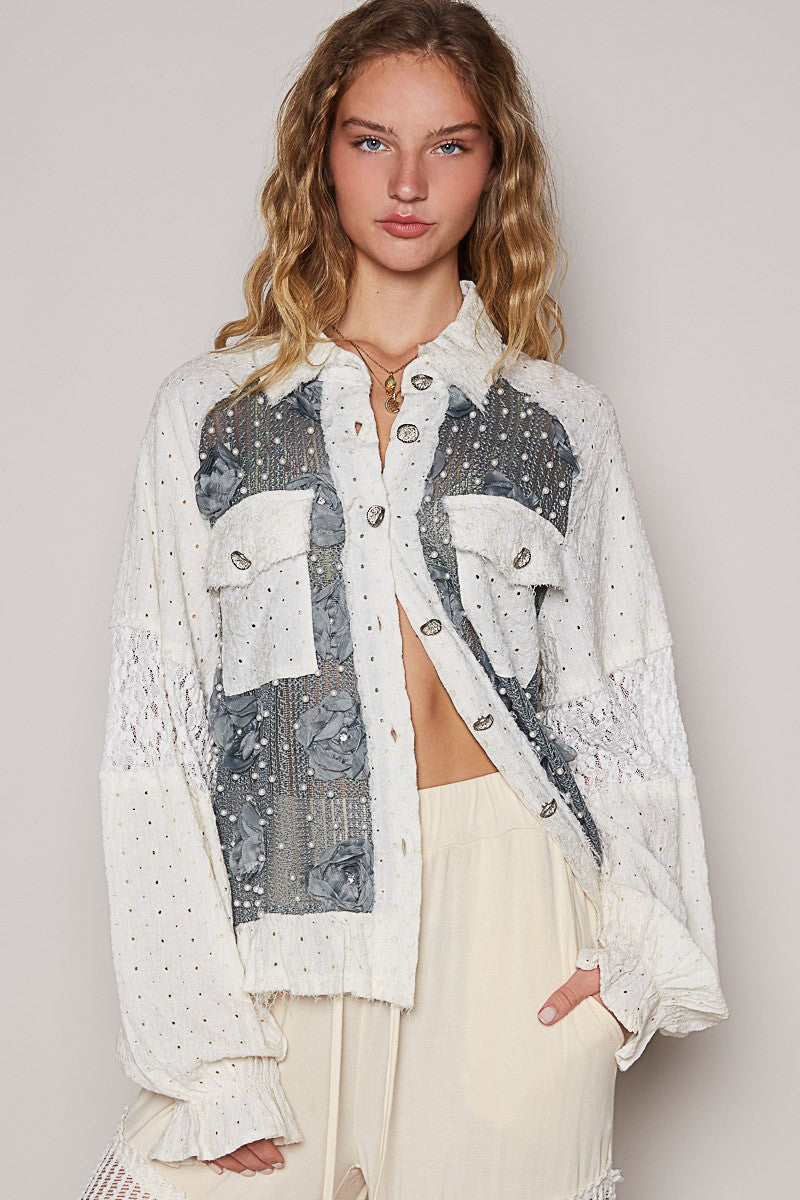 Romantic Eyelet Flower Lace Patchwork Shirt with Pearl Button Details