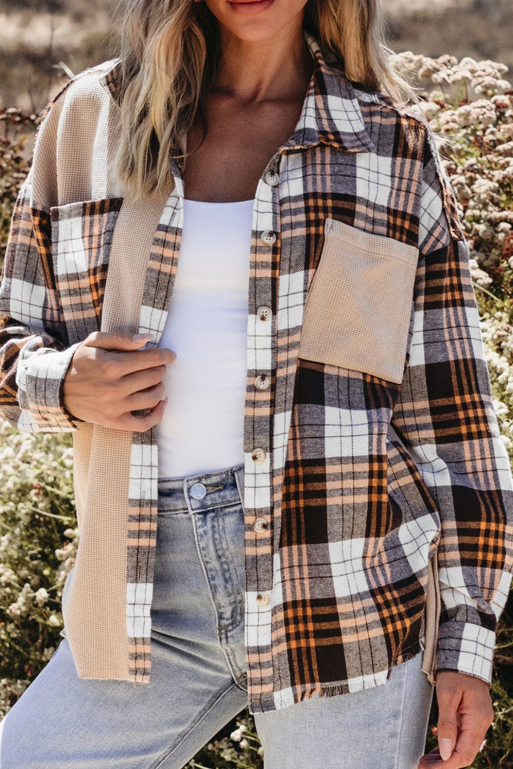 Women's Plaid Button-Up Long Sleeve Shacket with Pockets | Lightweight & Stylish