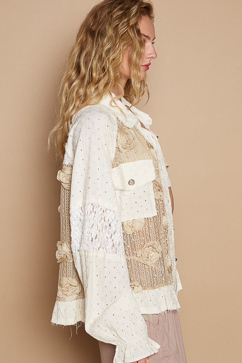 Women's Eyelet Flower Lace Shirt with Pearl Button Detail