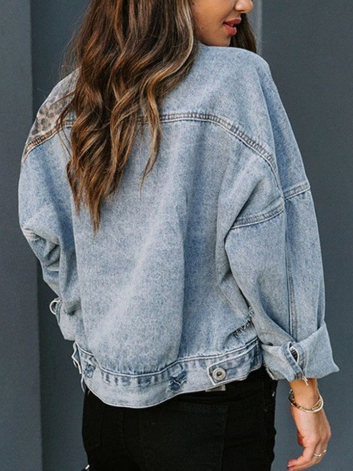 Distressed Drop Shoulder Denim Jacket with Leopard Print and Functional Pockets