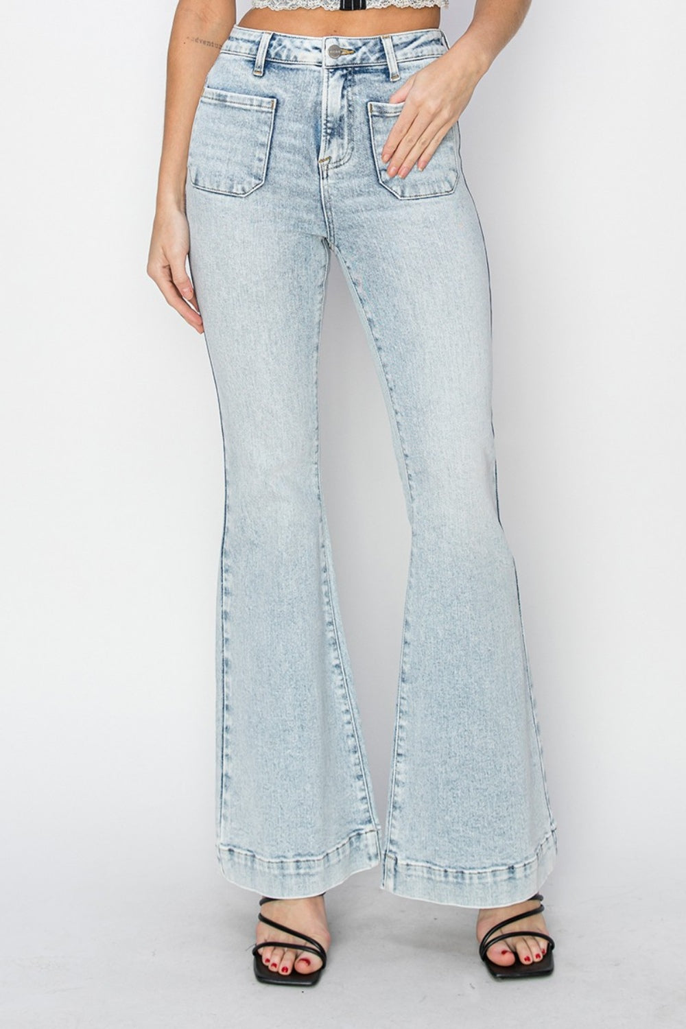 Full-Length High-Rise Flare Jeans with Front Patch Pockets