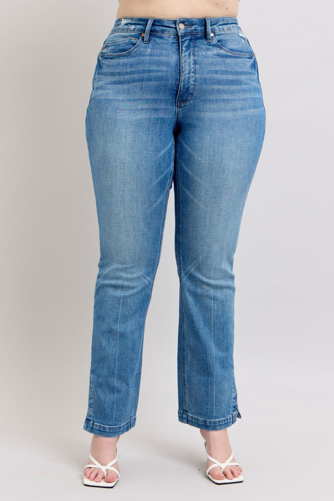 Judy Blue High-Waisted Tummy Control Vintage Wash Slim Bootcut Jeans with Side Slit