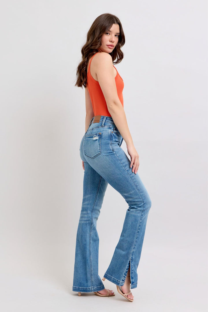 Judy Blue High-Waisted Tummy Control Vintage Wash Slim Bootcut Jeans with Side Slit