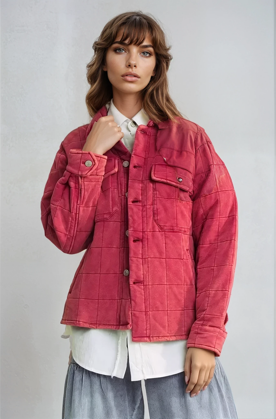 Davi Dani Quilted Button-Down Shacket with Chest Pockets – Cotton-Polyester Blend