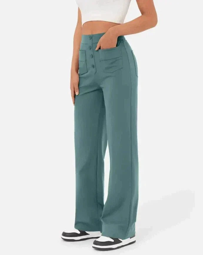 ANDY - High-Waisted Elastic Casual Pants with Button Details and Pockets