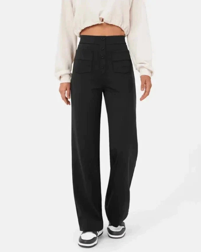 ANDY - High-Waisted Elastic Casual Pants with Button Details and Pockets