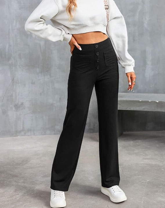 ANDY - High-Waisted Elastic Casual Pants with Button Details and Pockets