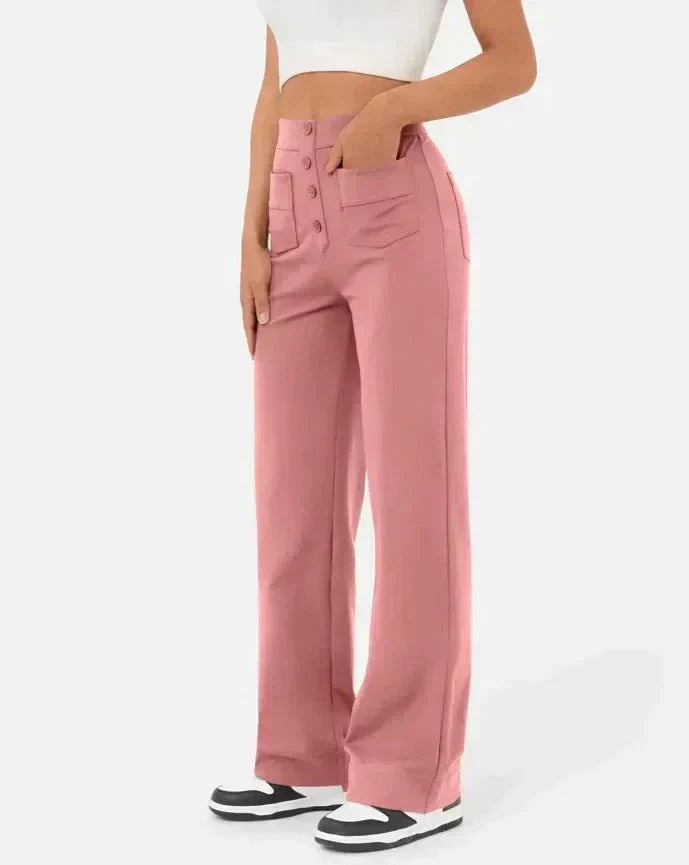 ANDY - High-Waisted Elastic Casual Pants with Button Details and Pockets