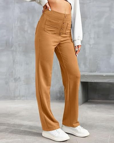 ANDY - High-Waisted Elastic Casual Pants with Button Details and Pockets