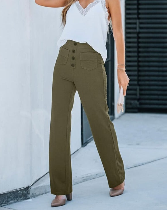 ANDY - High-Waisted Elastic Casual Pants with Button Details and Pockets