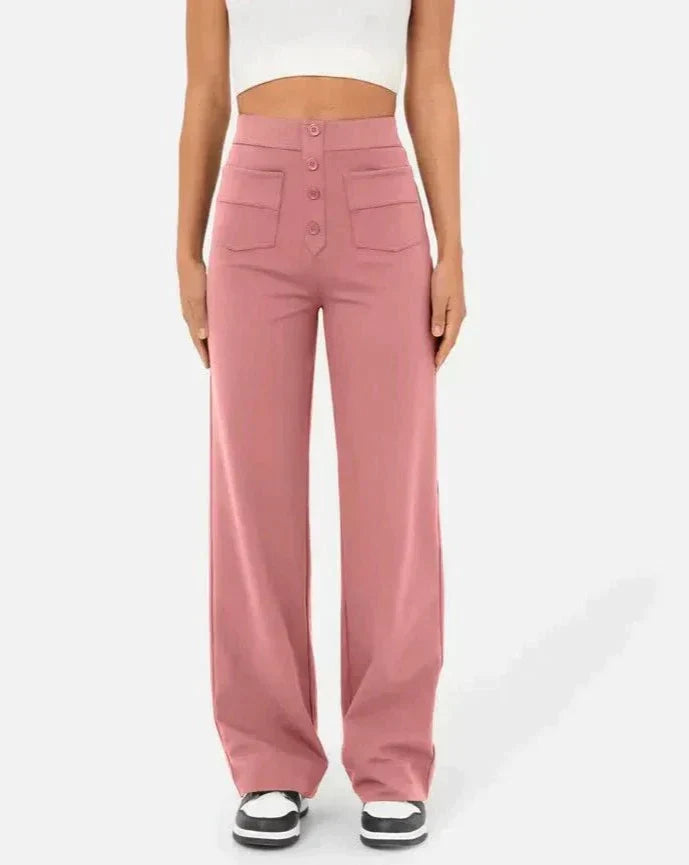 ANDY - High-Waisted Elastic Casual Pants with Button Details and Pockets