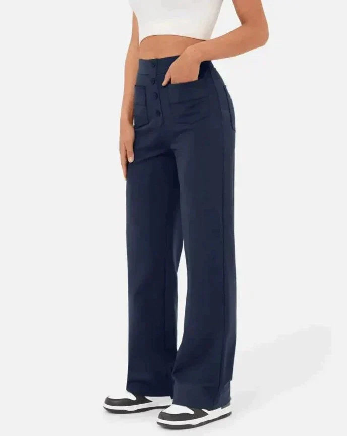 ANDY - High-Waisted Elastic Casual Pants with Button Details and Pockets