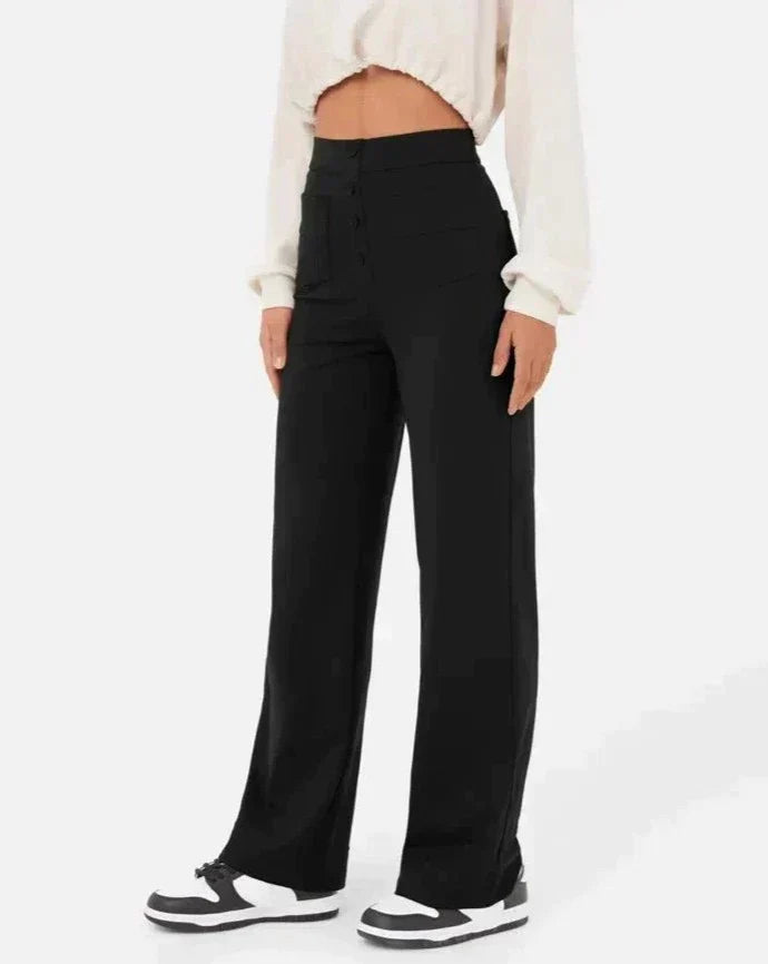 ANDY - High-Waisted Elastic Casual Pants with Button Details and Pockets