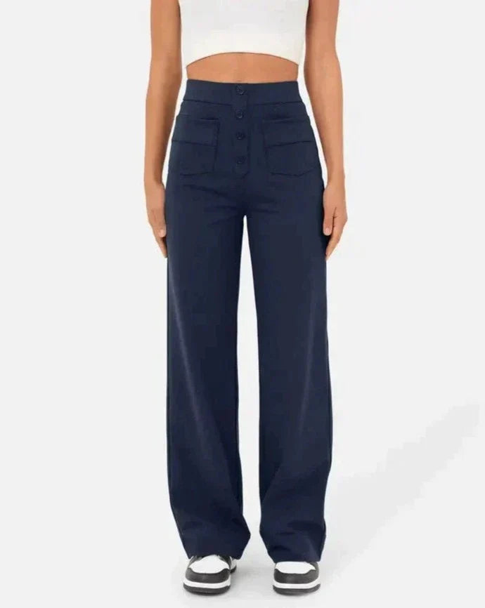 ANDY - High-Waisted Elastic Casual Pants with Button Details and Pockets