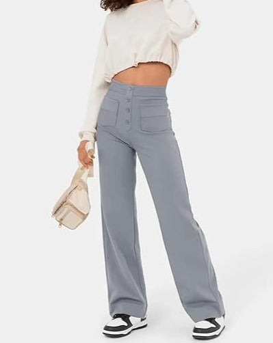 ANDY - High-Waisted Elastic Casual Pants with Button Details and Pockets