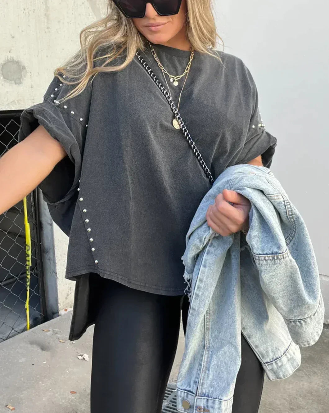 Bella Studded Oversized Tee – The Perfect Blend of Comfort and Style